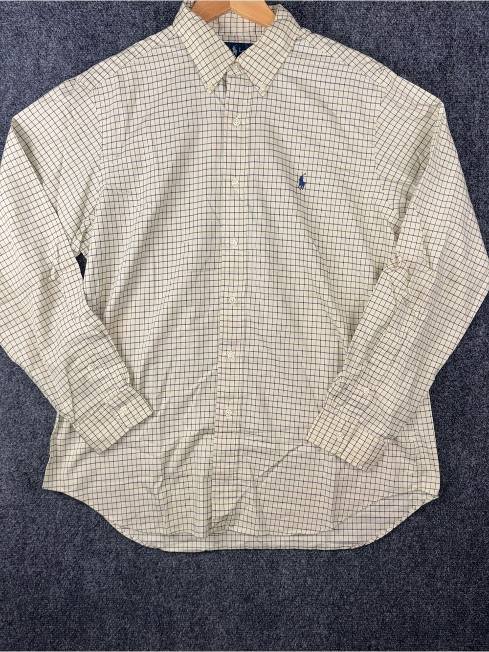 Ralph Lauren Shirt Mens Large Beige Check Classic Fit Button Front Long Sleeve